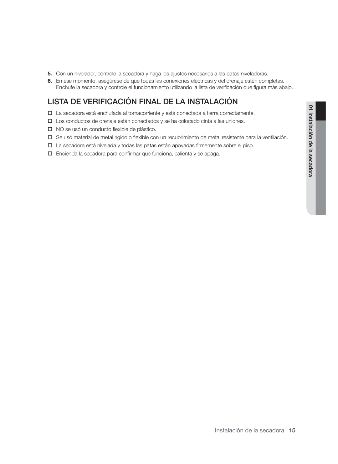 Samsung DV665J user manual Lista DE Verificación Final DE LA Instalación 