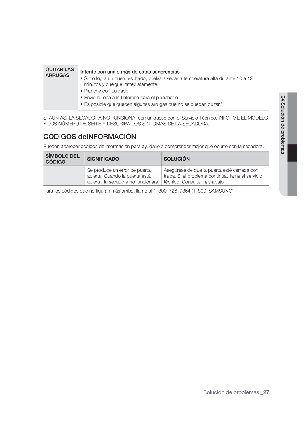 Samsung DV665J user manual Símbolo DEL Significado Solución Código, Técnico. Consulte más abajo 