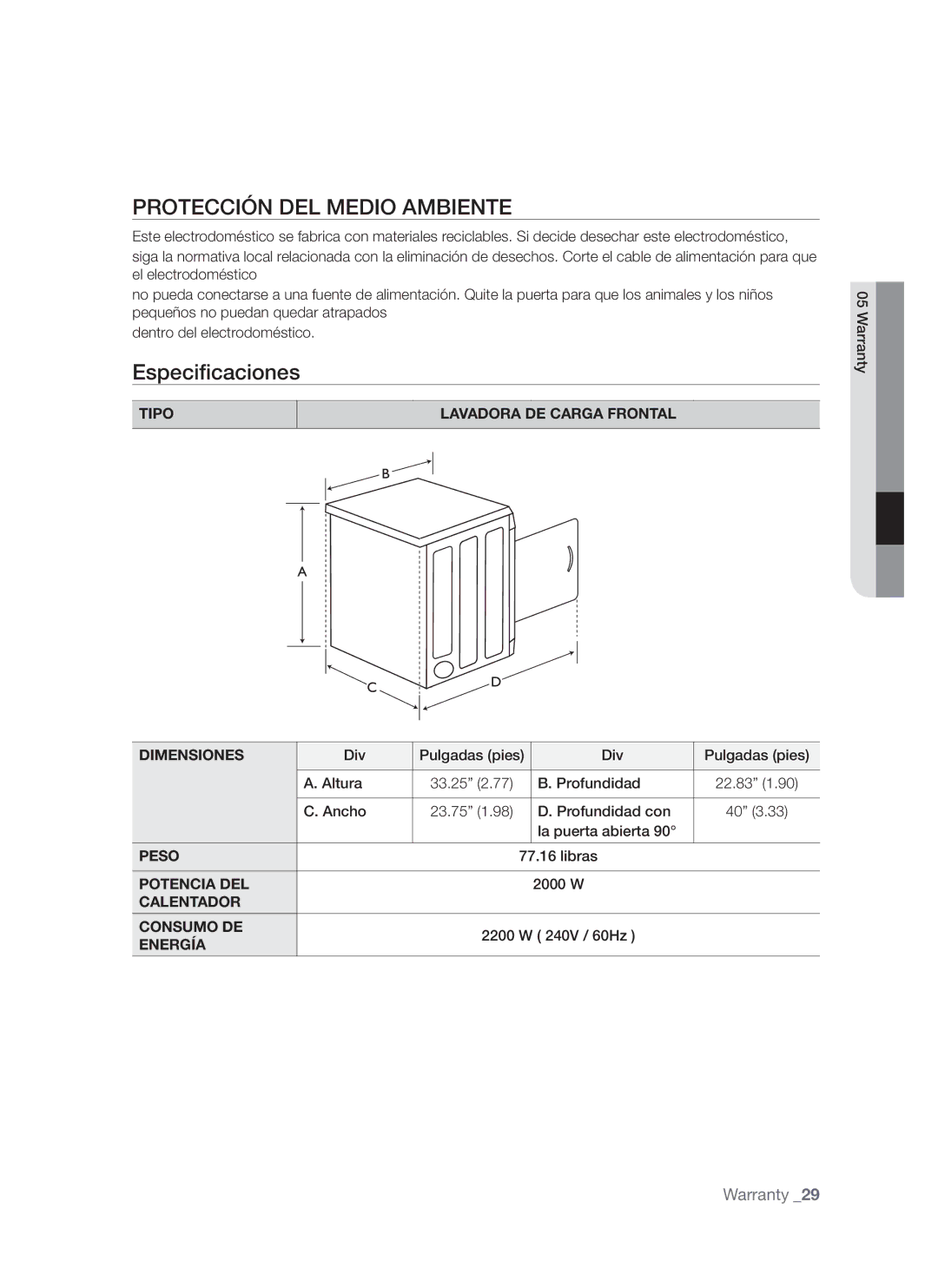 Samsung DV665J user manual Protección DEL Medio Ambiente 