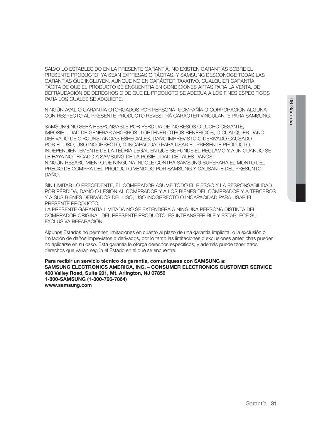 Samsung DV665J user manual Garantía 