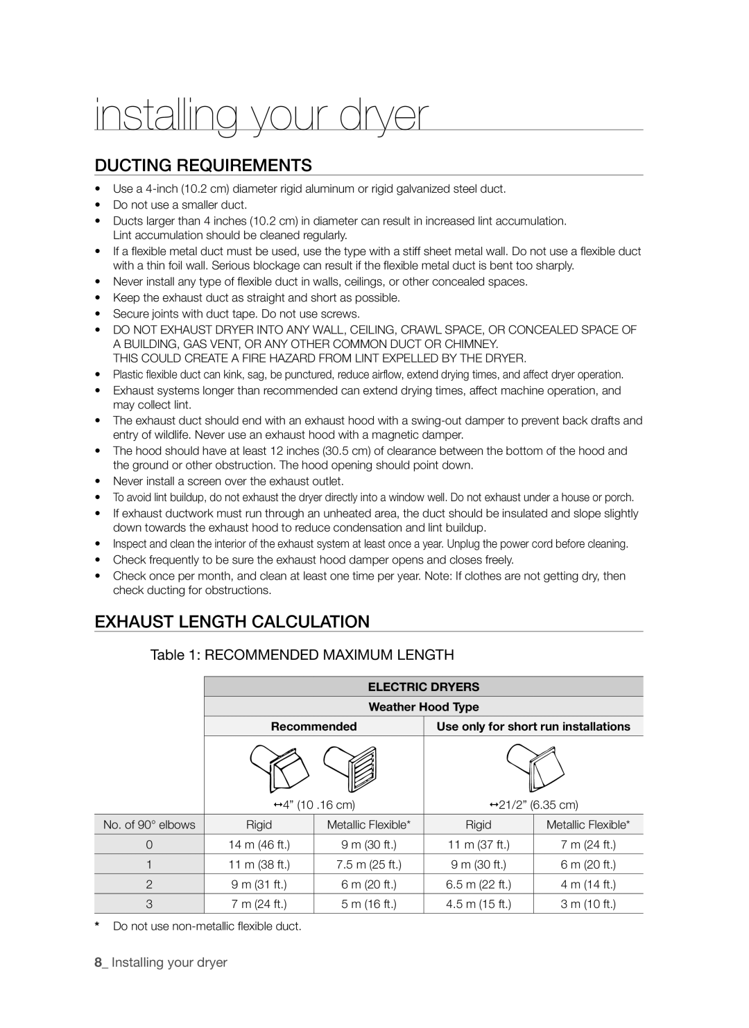 Samsung DV665J user manual Ducting Requirements, Exhaust Length Calculation, Recommended Maximum Length, Electric Dryers 