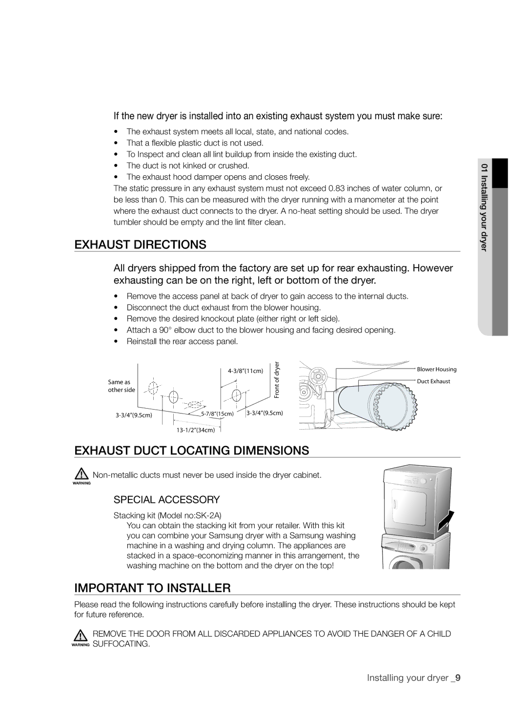 Samsung DV665J Exhaust Directions, Exhaust Duct Locating Dimensions, Important to Installer, Stacking kit Model noSK-2A 