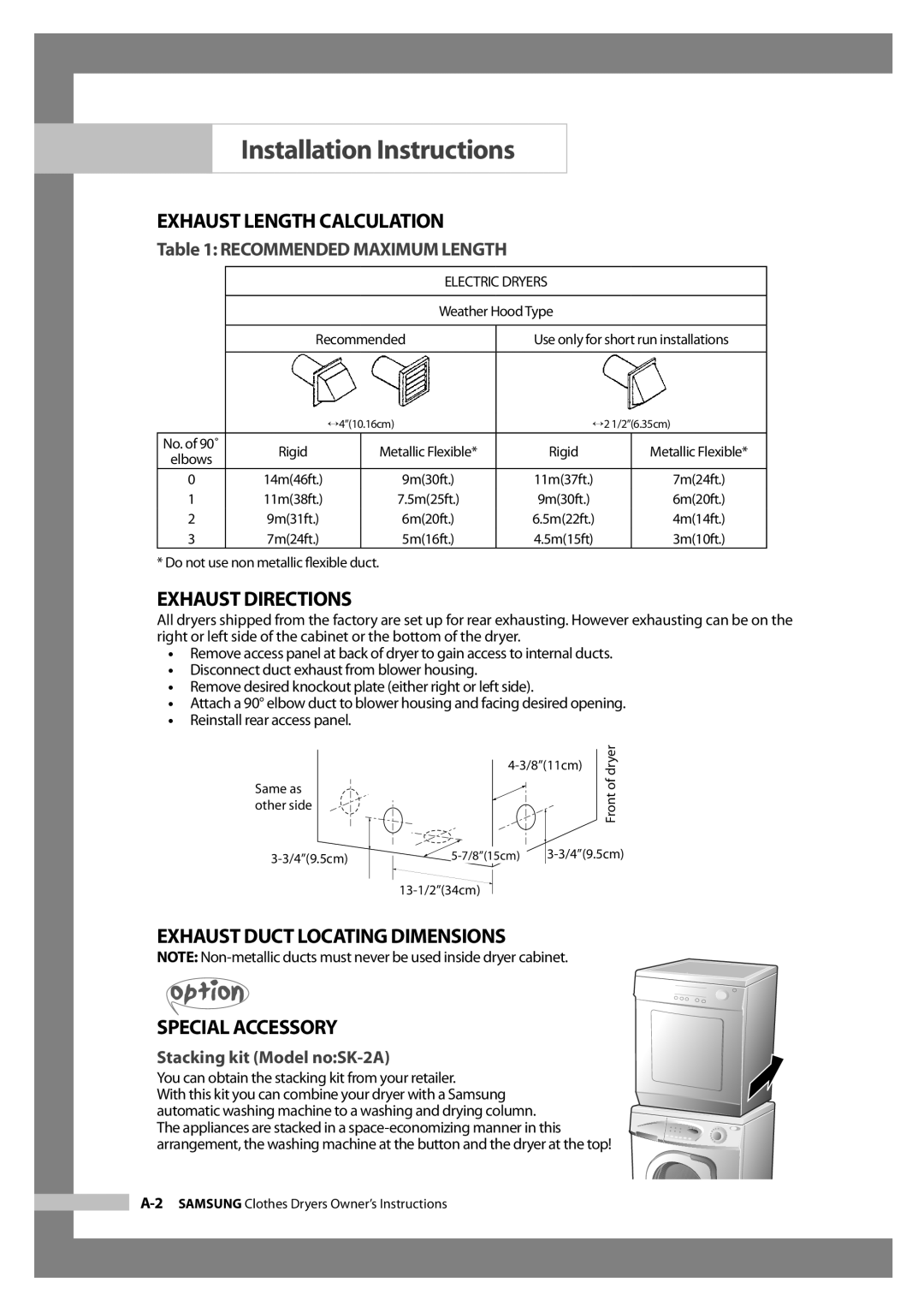 Samsung DV665JS/XSG Exhaust Length Calculation, Exhaust Directions, Exhaust Duct Locating Dimensions Special Accessory 