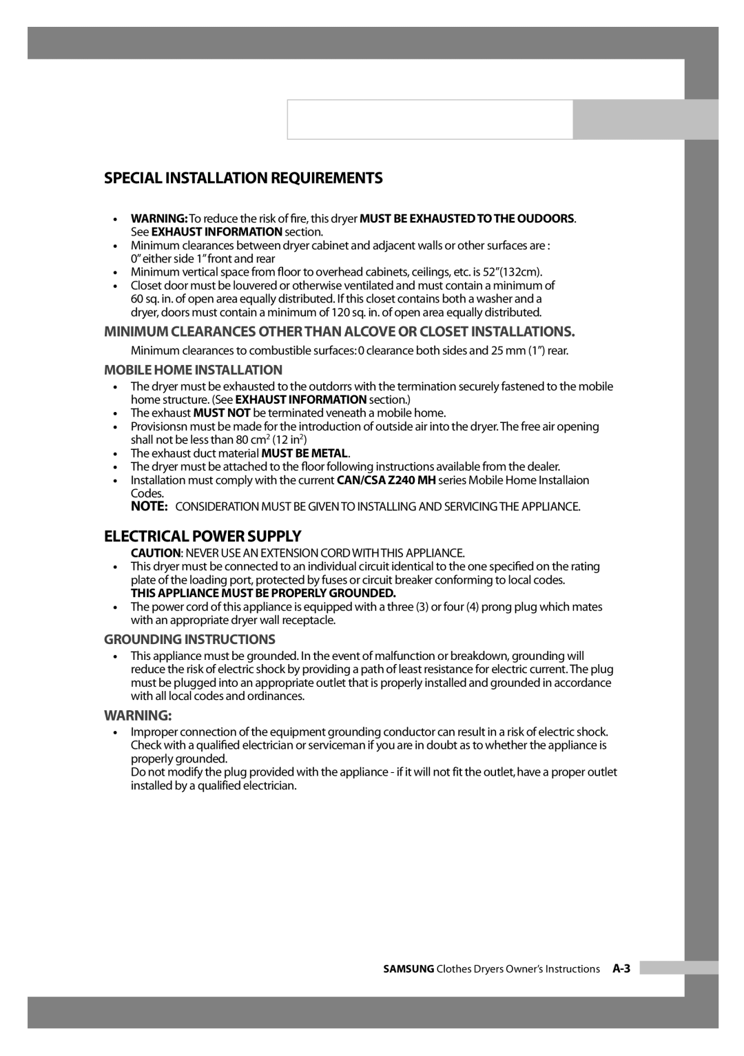 Samsung DV665JW/XSG Special Installation Requirements, Electrical Power Supply, This Appliance Must be Properly Grounded 