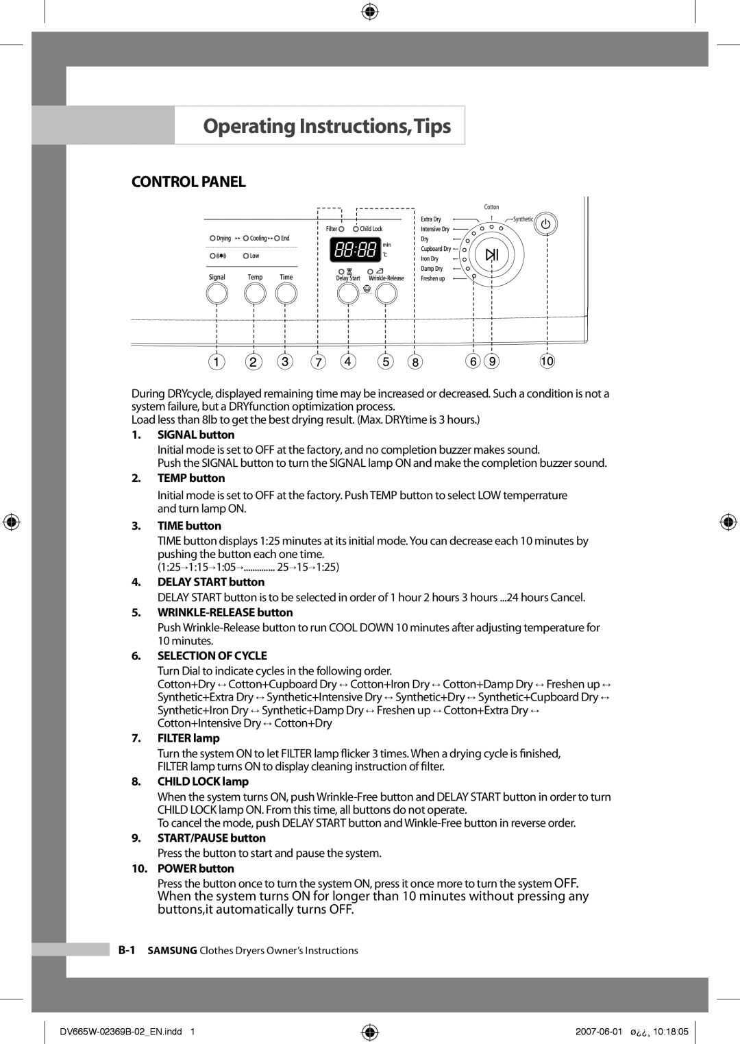 Samsung DV665JW/XSG manual Operating Instructions,Tips, Control Panel, Selection of Cycle 