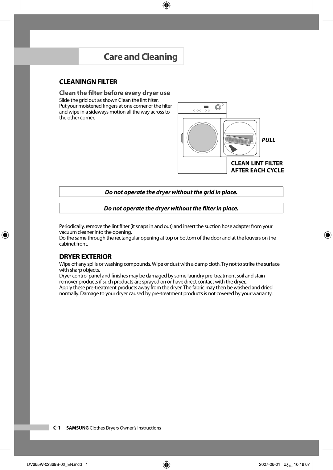 Samsung DV665JW/XSG manual Care and Cleaning, Cleaningn Filter, Dryer Exterior 