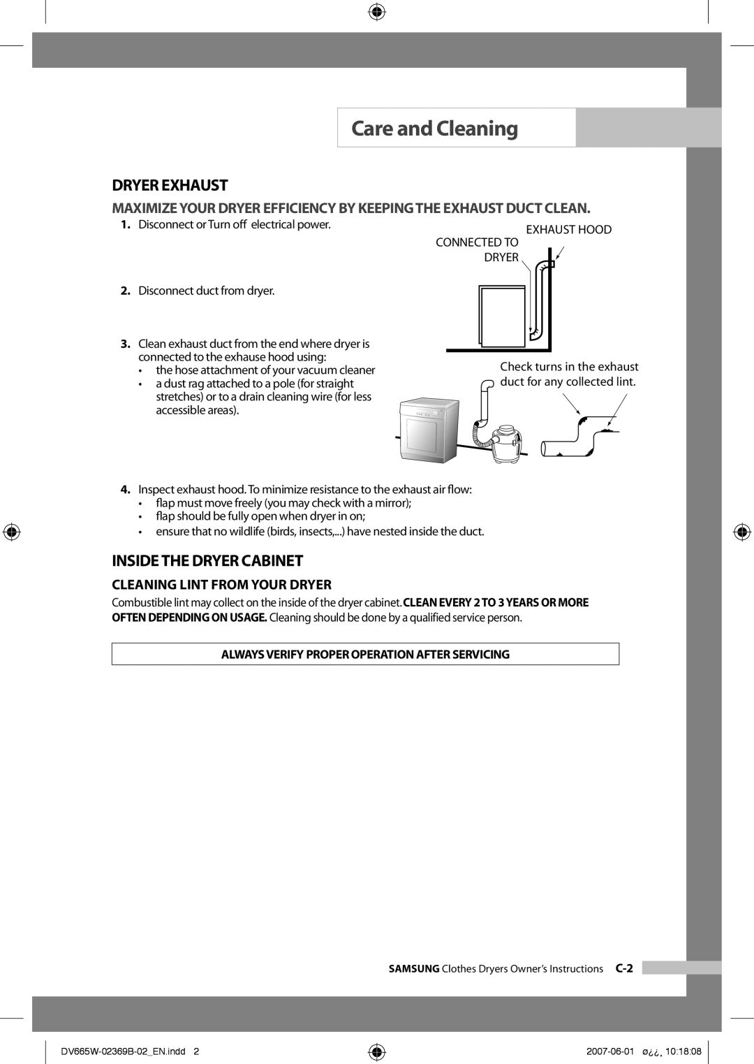 Samsung DV665JW/XSG manual Dryer Exhaust, Inside the Dryer Cabinet, Always Verify Proper Operation After Servicing 