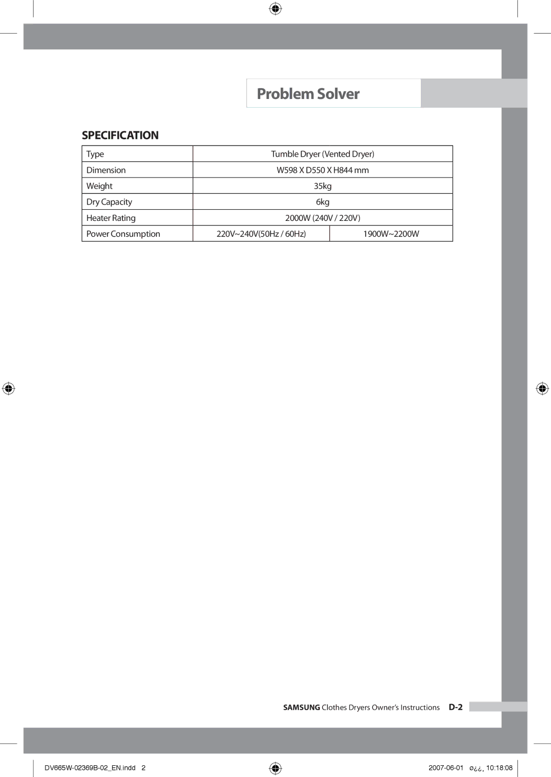 Samsung DV665JW/XSG manual Specification 