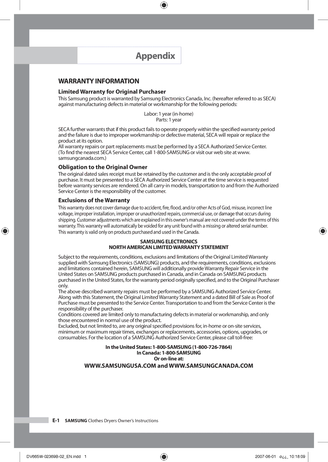 Samsung DV665JW/XSG manual Appendix, Warranty Information 