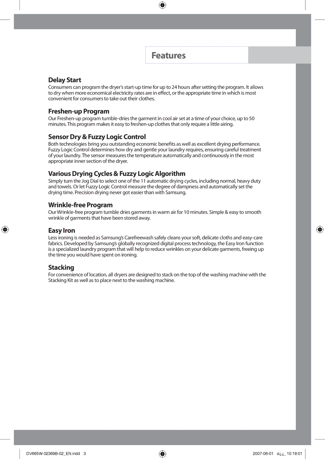 Samsung DV665JW/XSG manual Features 