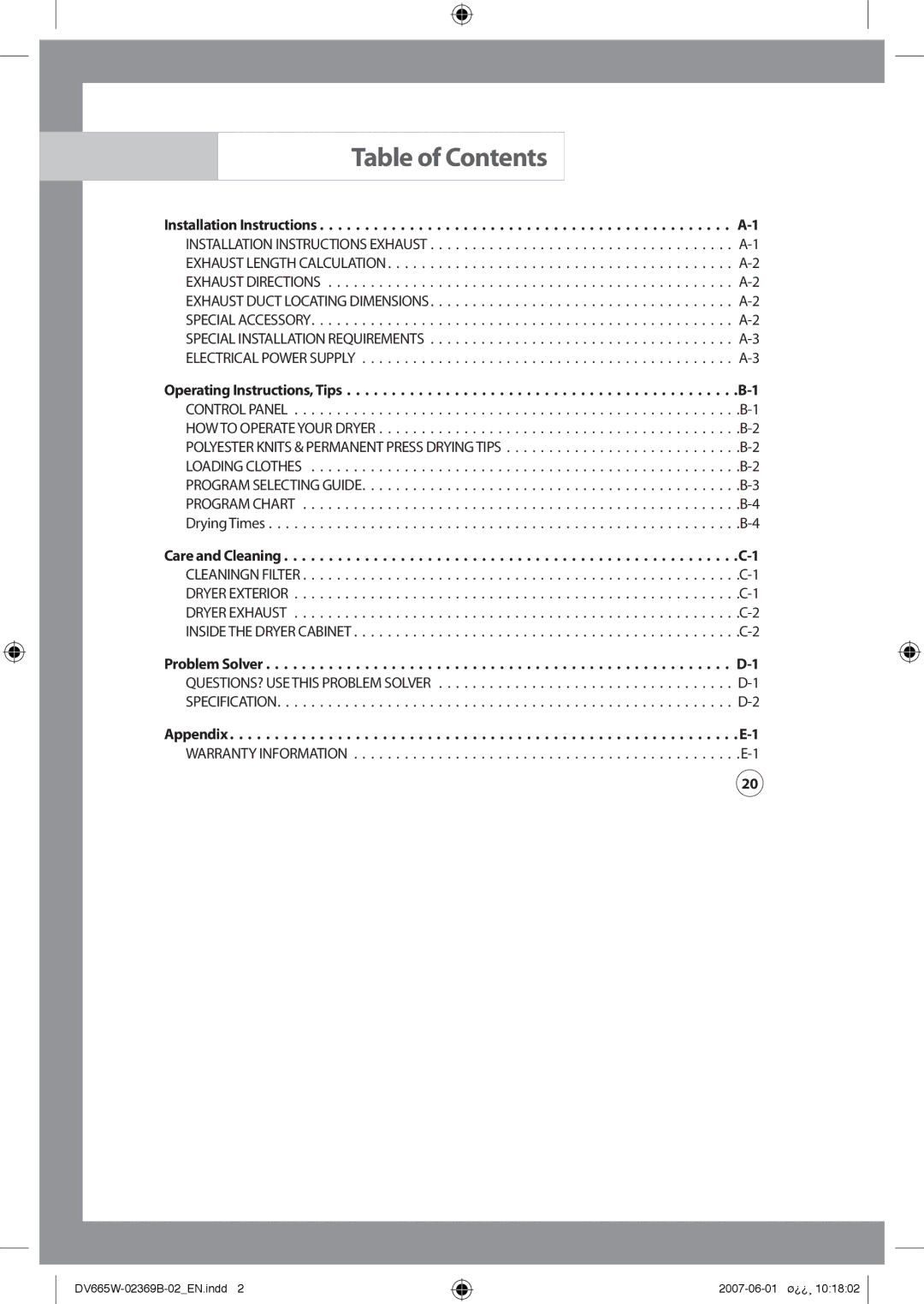 Samsung DV665JW/XSG manual Table of Contents 