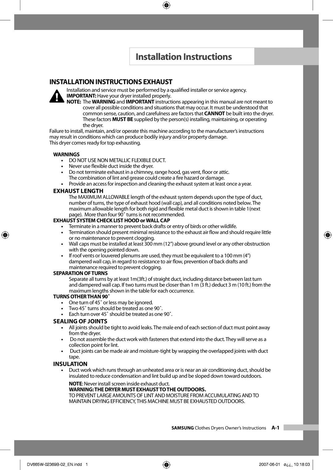 Samsung DV665JW/XSG Installation Instructions Exhaust, Exhaust System Check List Hood or Wall CAP, Separation of Turns 