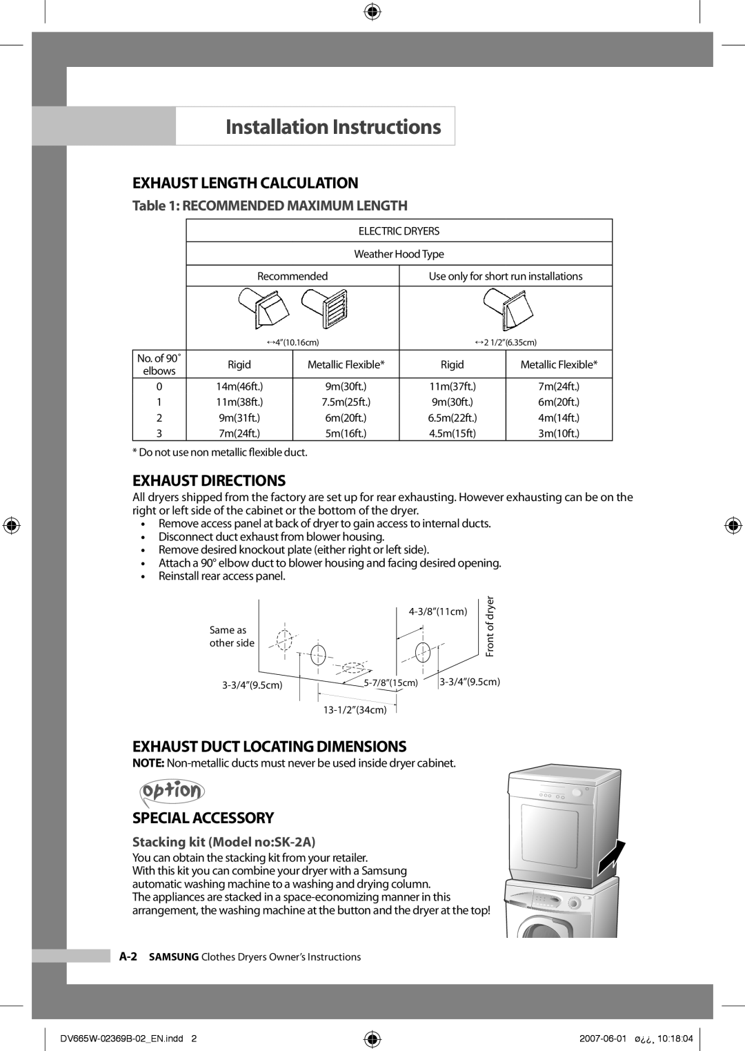 Samsung DV665JW/XSG Exhaust Length Calculation, Exhaust Directions, Exhaust Duct Locating Dimensions Special Accessory 