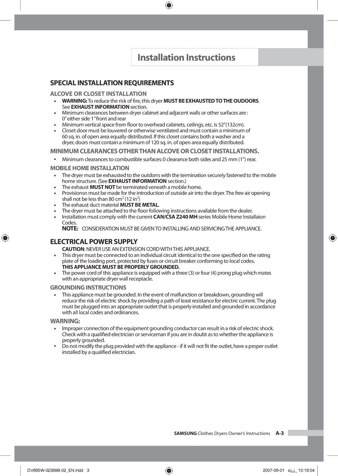 Samsung DV665JW/XSG Special Installation Requirements, Electrical Power Supply, This Appliance Must be Properly Grounded 