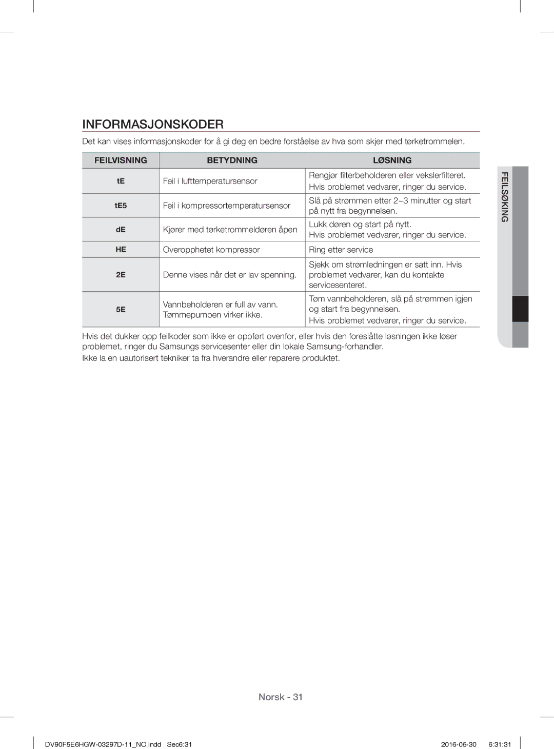 Samsung DV80F5E4HGW/EE, DV70F5E0HGW/EE, DV90F5E6HGW/EE, DV80F5EMHGW/EE manual Informasjonskoder, Feilvisning Betydning Løsning 