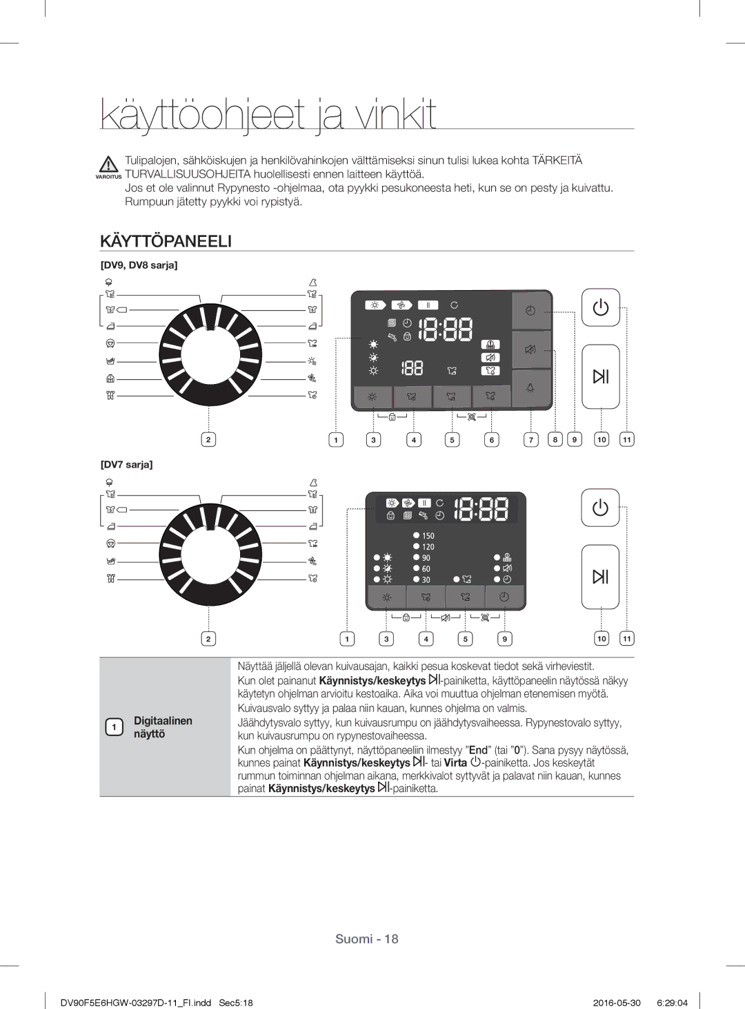 Samsung DV70F5E0HGW/EE, DV80F5E4HGW/EE, DV90F5E6HGW/EE manual Käyttöohjeet ja vinkit, Käyttöpaneeli, Digitaalinen näyttö 