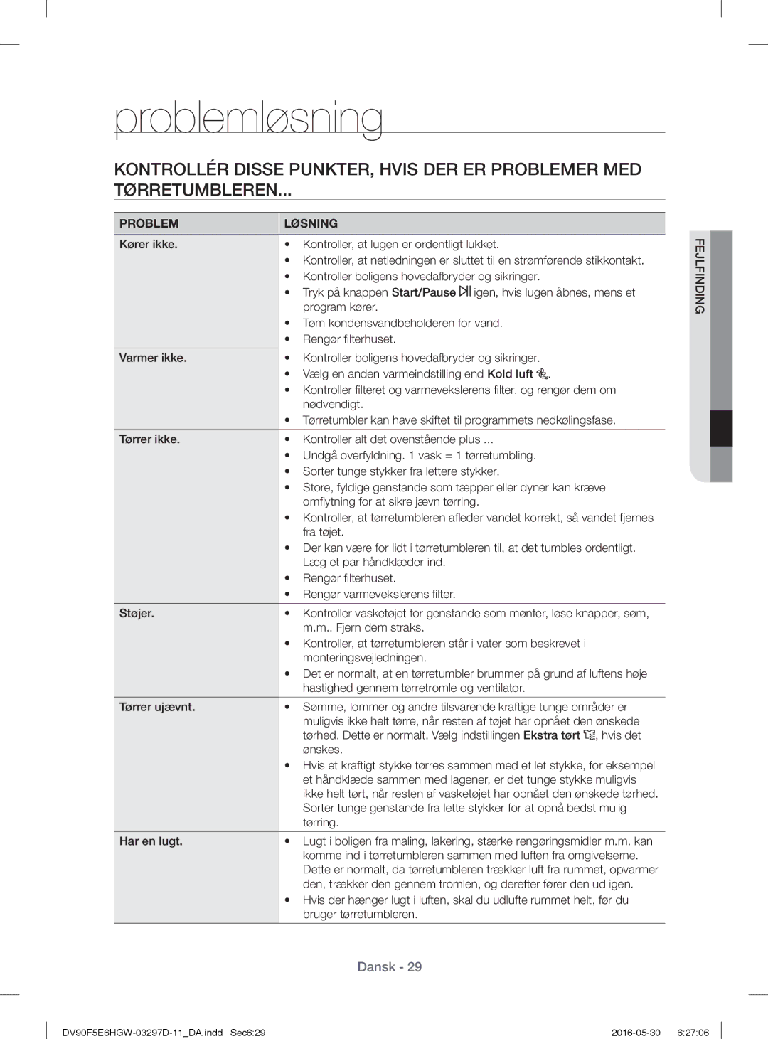 Samsung DV80F5EBHGW/EE, DV70F5E0HGW/EE, DV80F5E4HGW/EE, DV90F5E6HGW/EE, DV80F5EMHGW/EE, DV80F5E5HGW/EE manual Problemløsning 