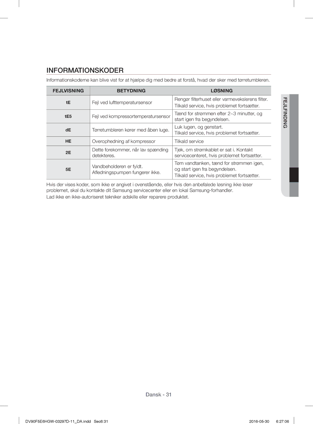 Samsung DV80F5E4HGW/EE, DV70F5E0HGW/EE, DV90F5E6HGW/EE, DV80F5EMHGW/EE, DV80F5E5HGW/EE manual Fejlvisning Betydning Løsning 