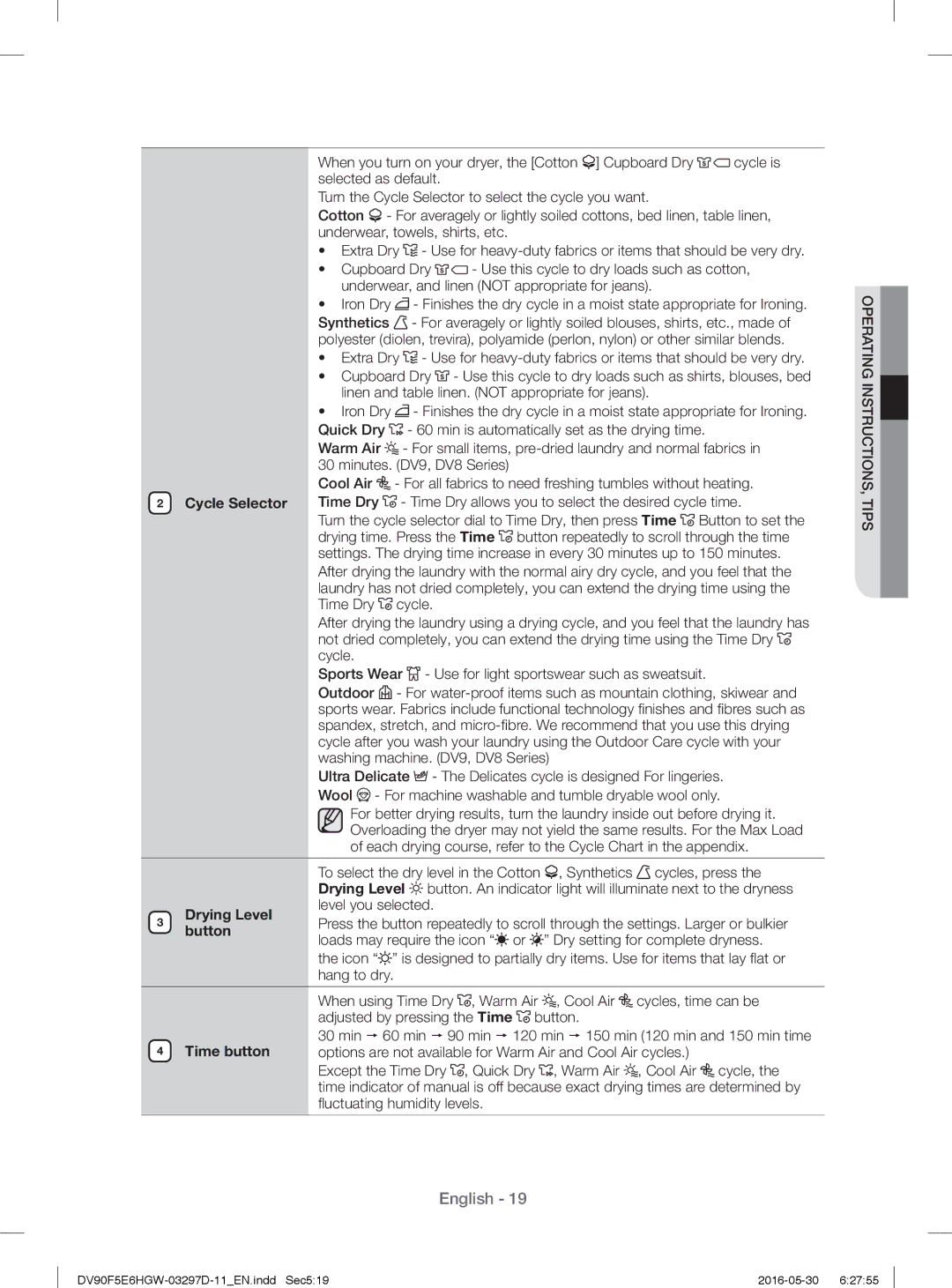 Samsung DV80F5E4HGW/EE manual Synthetics cycles, press, Drying Level, Level you selected, Button, Uctuating humidity levels 