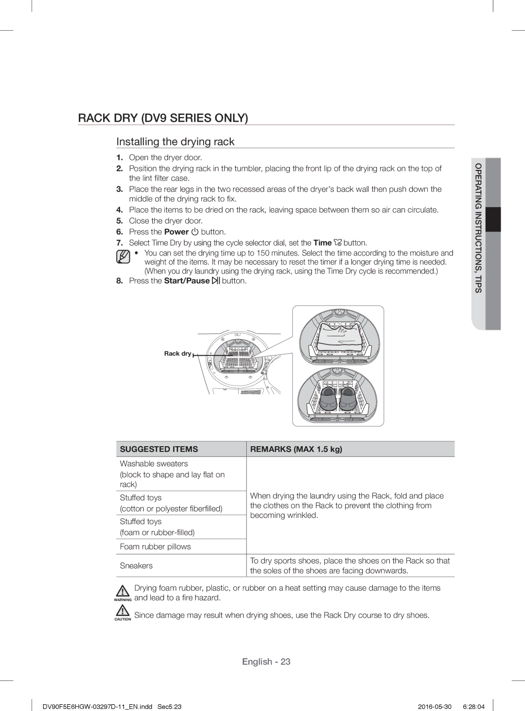 Samsung DV80F5EBHGW/EE manual Rack DRY DV9 Series only, Installing the drying rack, Suggested Items, Remarks MAX 1.5 kg 