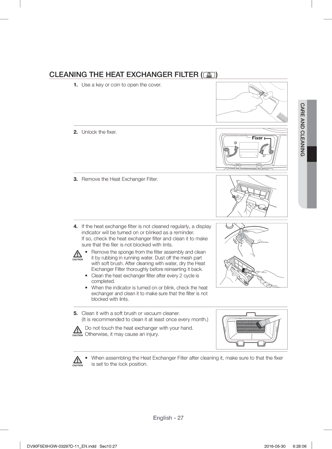 Samsung DV80F5EMHGW/EE Cleaning the Heat Exchanger Filter, Use a key or coin to open the cover Unlock the ﬁ xer, Completed 