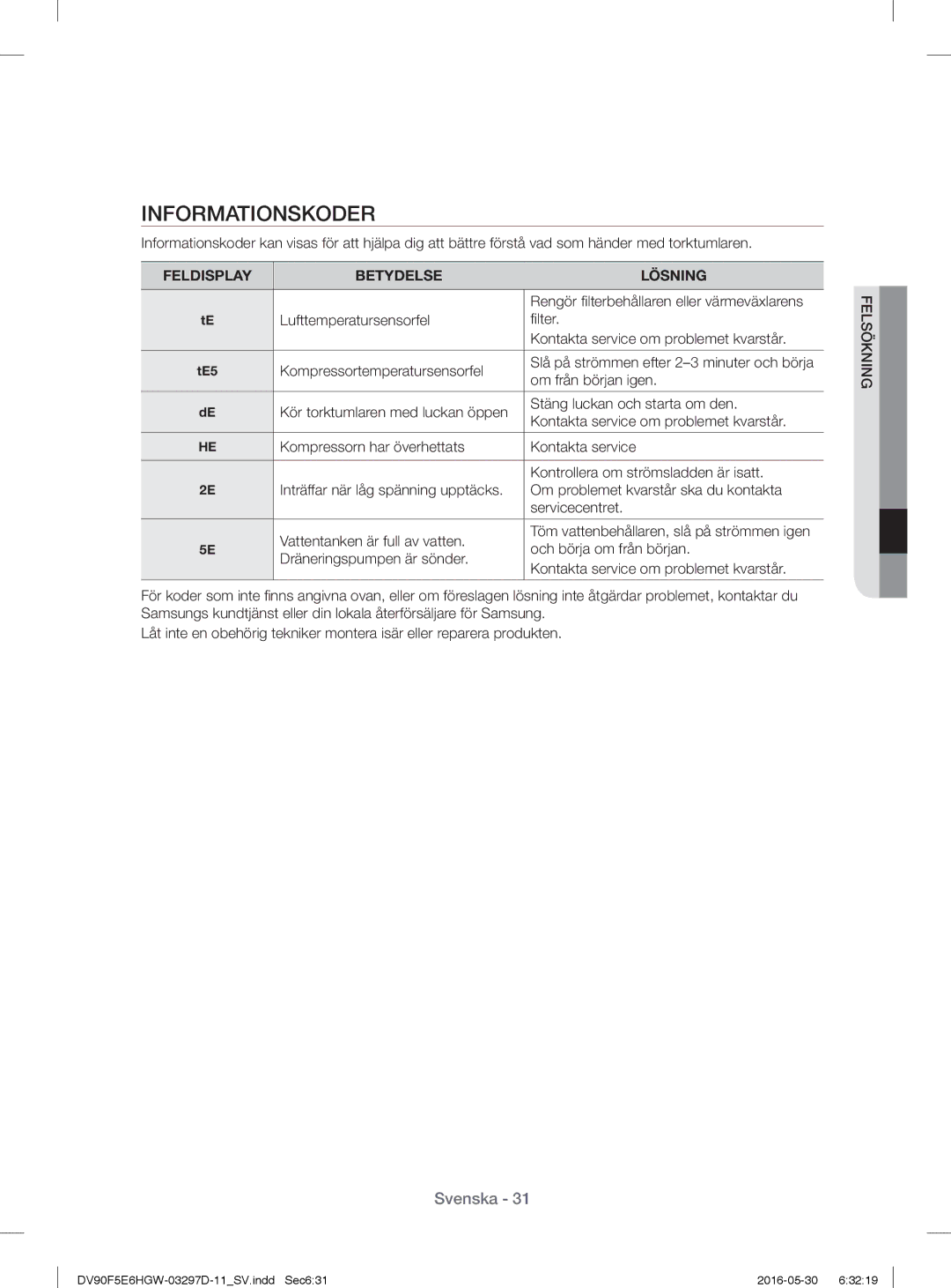 Samsung DV80F5E4HGW/EE, DV70F5E0HGW/EE, DV90F5E6HGW/EE, DV80F5EMHGW/EE manual Informationskoder, Feldisplay Betydelse Lösning 