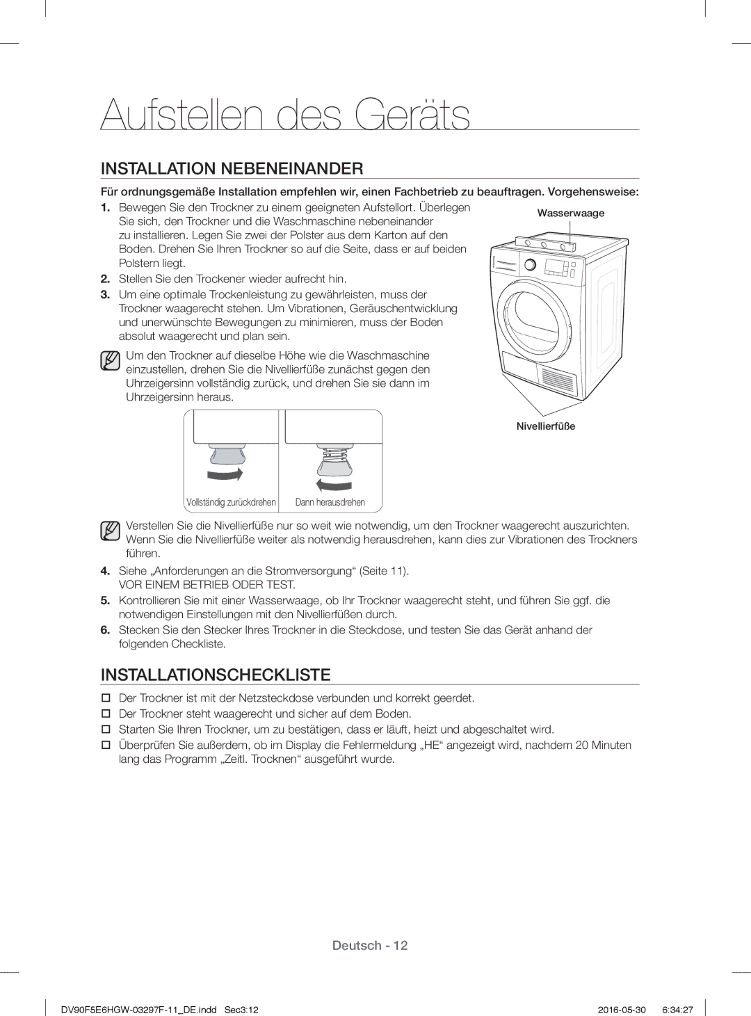 Samsung DV70F5E0HGW/WS, DV80F5EBHGW/WS manual Installation Nebeneinander, Installationscheckliste 