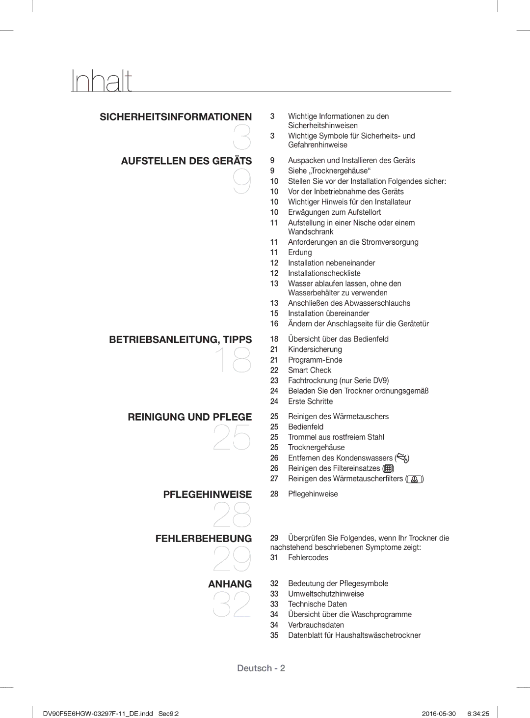 Samsung DV70F5E0HGW/WS, DV80F5EBHGW/WS manual Inhalt, Sicherheitsinformationen 