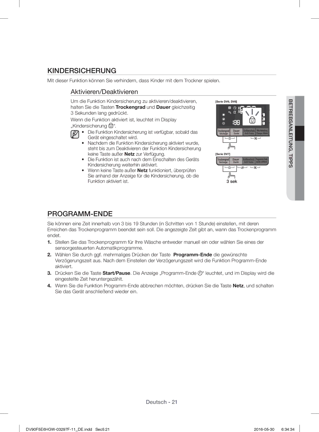 Samsung DV80F5EBHGW/WS, DV70F5E0HGW/WS manual Kindersicherung, Programm-Ende 