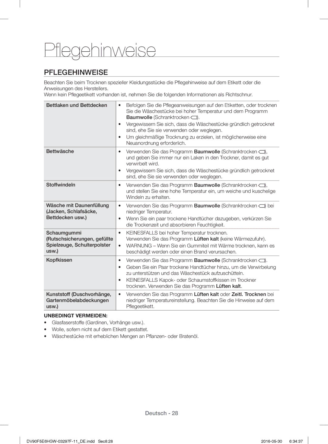 Samsung DV70F5E0HGW/WS, DV80F5EBHGW/WS manual Pﬂ egehinweise, Pflegehinweise, Unbedingt Vermeiden 