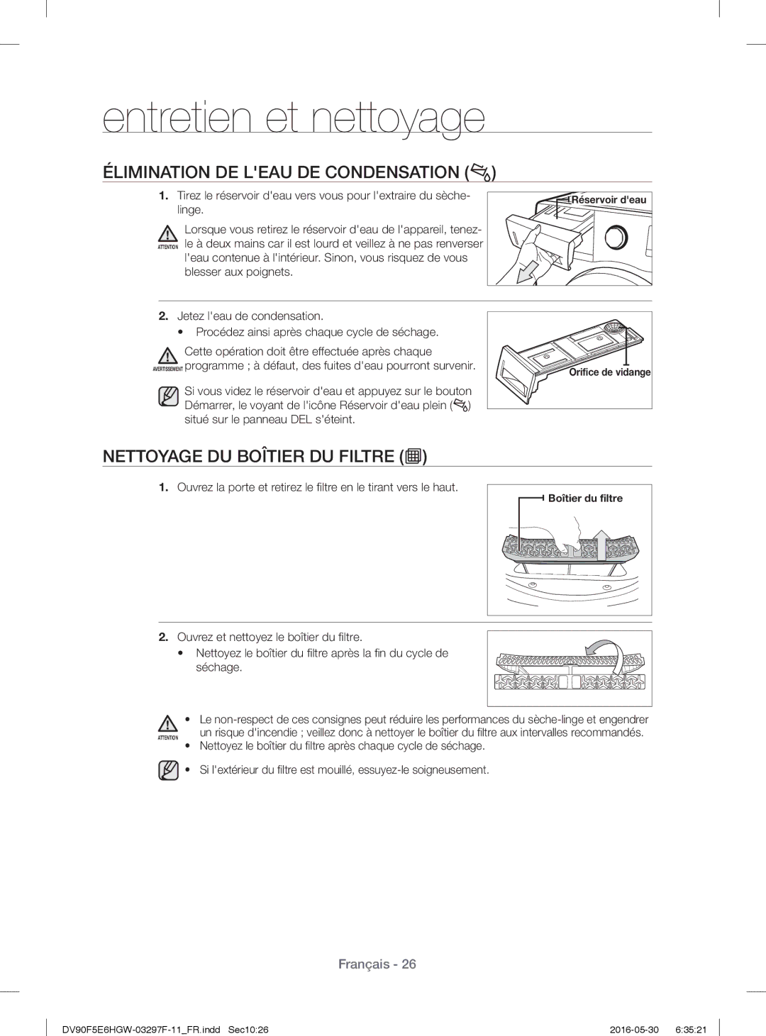 Samsung DV70F5E0HGW/WS, DV80F5EBHGW/WS manual Élimination DE Leau DE Condensation, Nettoyage DU Boîtier DU Filtre 