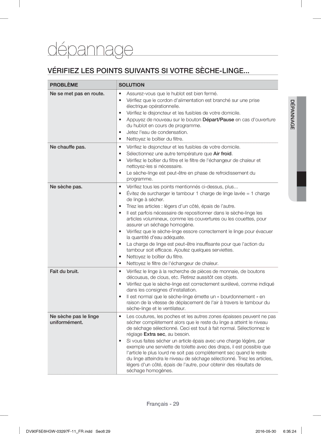 Samsung DV80F5EBHGW/WS, DV70F5E0HGW/WS Dépannage, Vérifiez LES Points Suivants SI Votre SÈCHE-LINGE, Problème Solution 