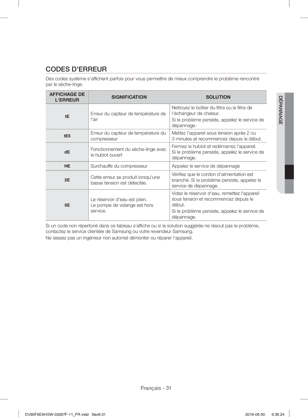 Samsung DV80F5EBHGW/WS, DV70F5E0HGW/WS manual Codes Derreur, Affichage DE Signification Solution Lerreur 