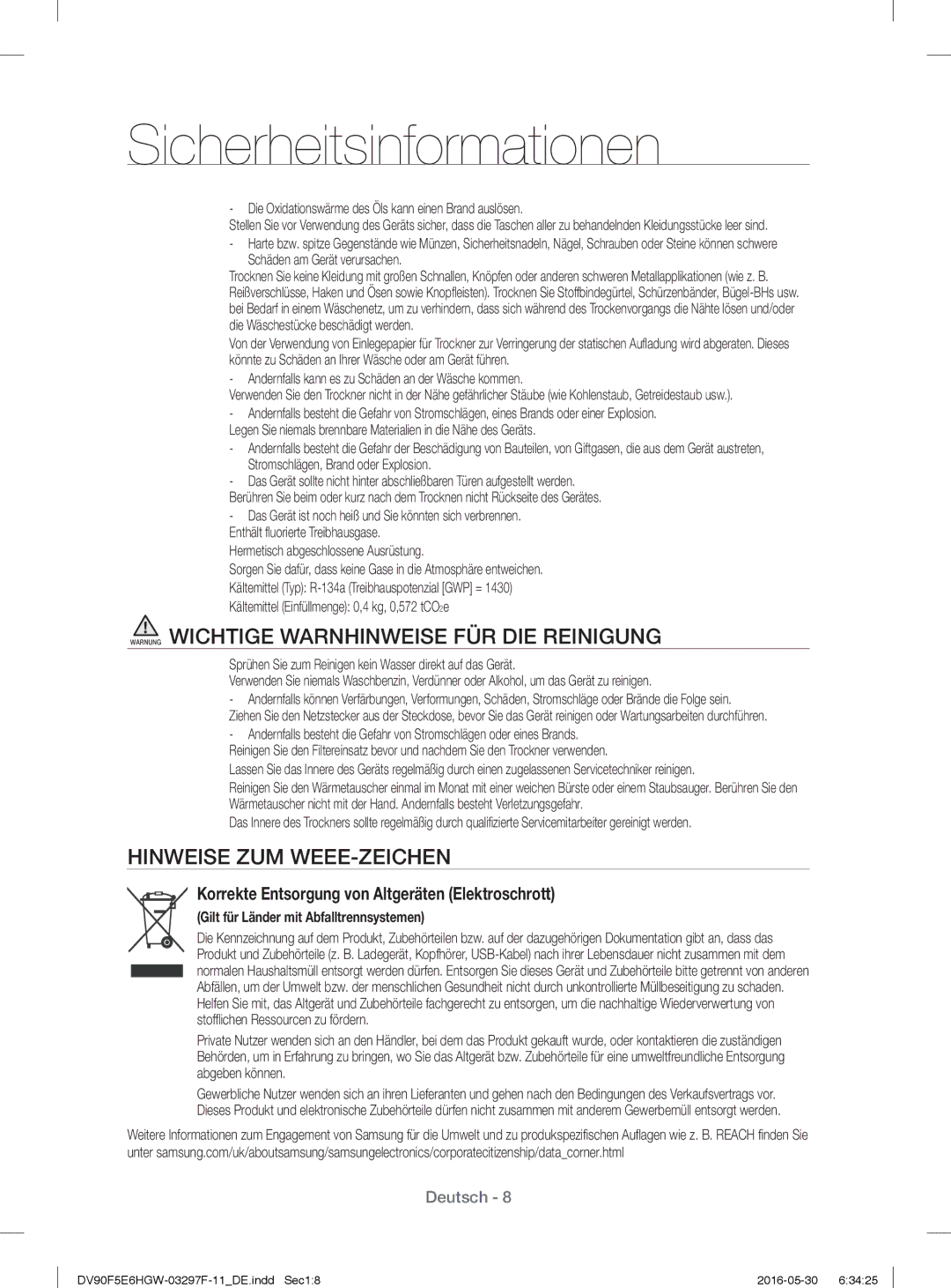 Samsung DV70F5E0HGW/WS, DV80F5EBHGW/WS manual Warnung Wichtige Warnhinweise FÜR DIE Reinigung, Hinweise ZUM WEEE-ZEICHEN 