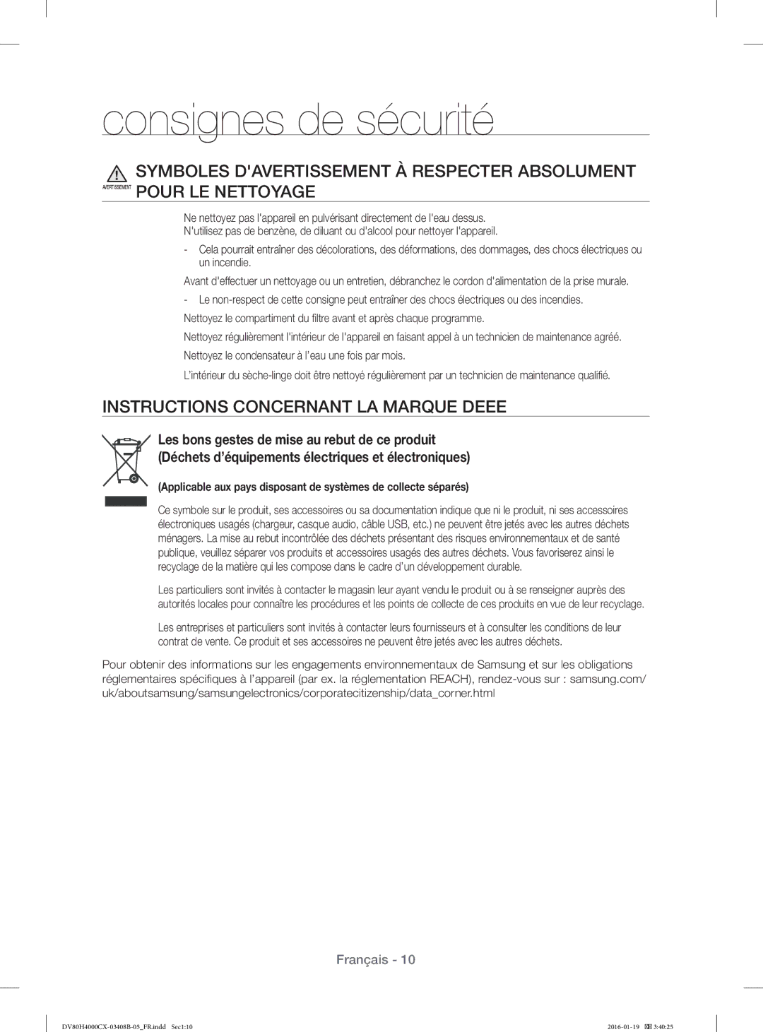 Samsung DV70H4300CW/EF, DV70H4400CW/EF, DV80H4200CW/EF, DV80H4100CW/EF manual Instructions Concernant LA Marque Deee 