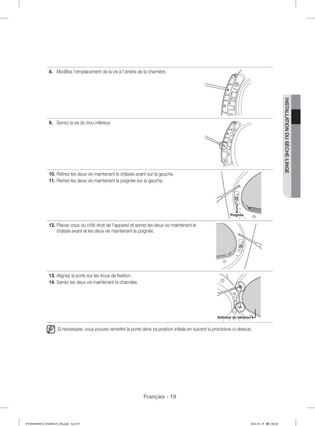 Samsung DV80H4100CW/EF, DV70H4400CW/EF, DV80H4200CW/EF, DV70H4300CW/EF manual Poignée 