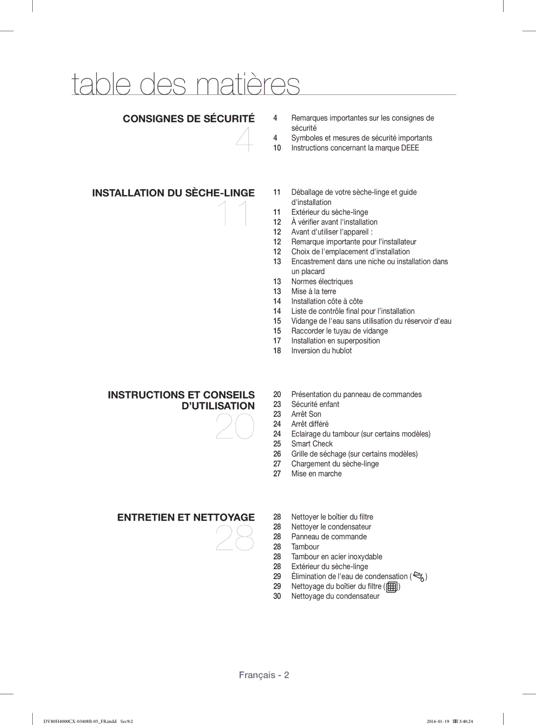 Samsung DV70H4300CW/EF, DV70H4400CW/EF, DV80H4200CW/EF, DV80H4100CW/EF manual Table des matières 