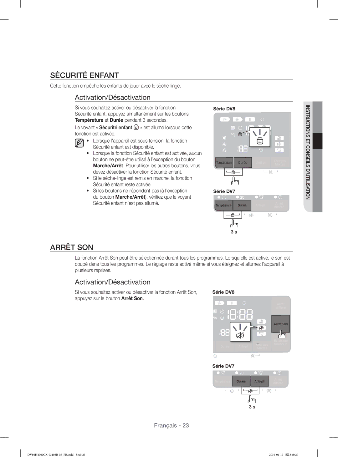 Samsung DV80H4100CW/EF, DV70H4400CW/EF Sécurité Enfant, Arrêt SON, Si vous souhaitez activer ou désactiver la fonction 