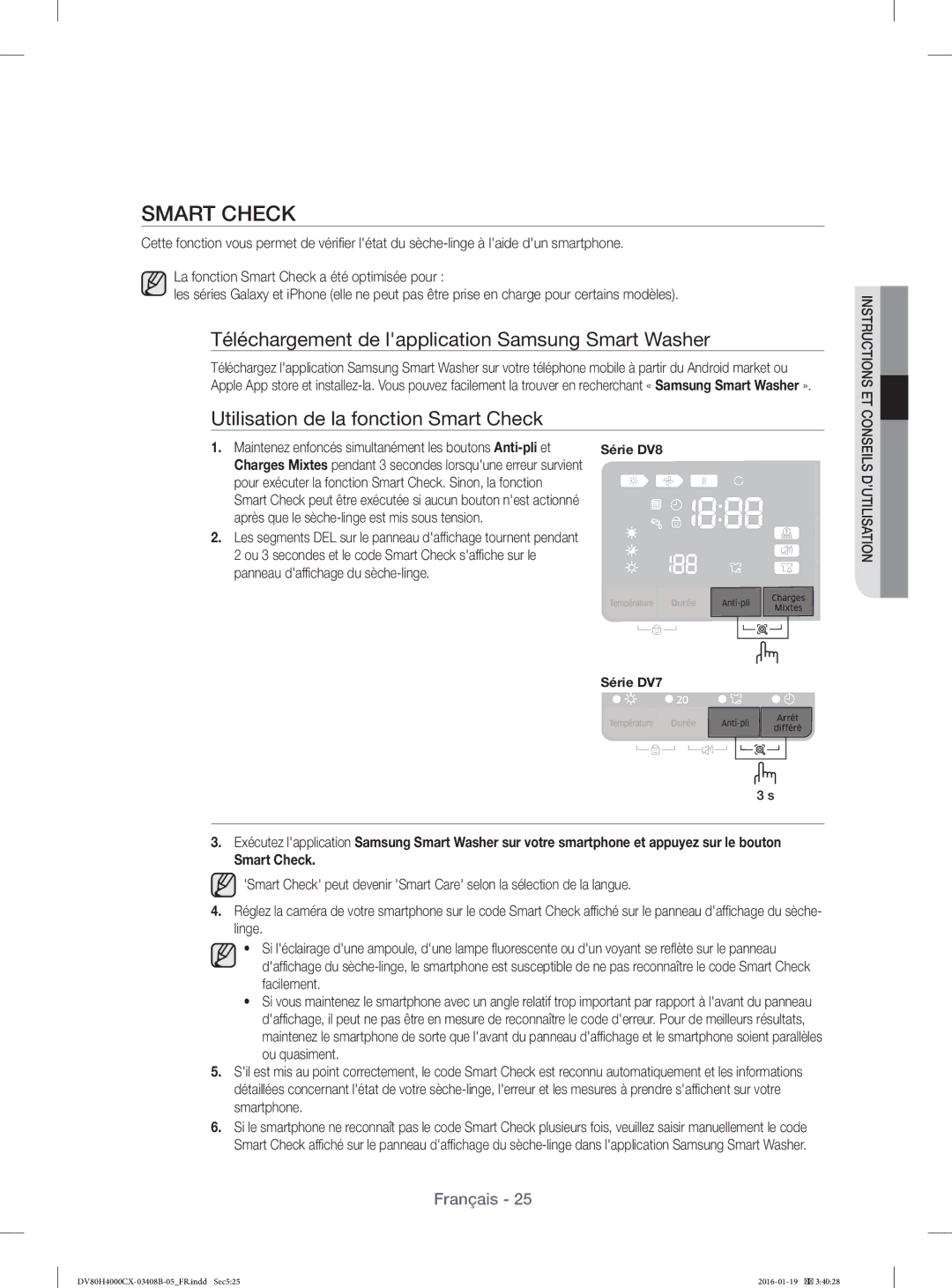 Samsung DV80H4200CW/EF, DV70H4400CW/EF, DV70H4300CW/EF manual Smart Check, Après que le sèche-linge est mis sous tension 