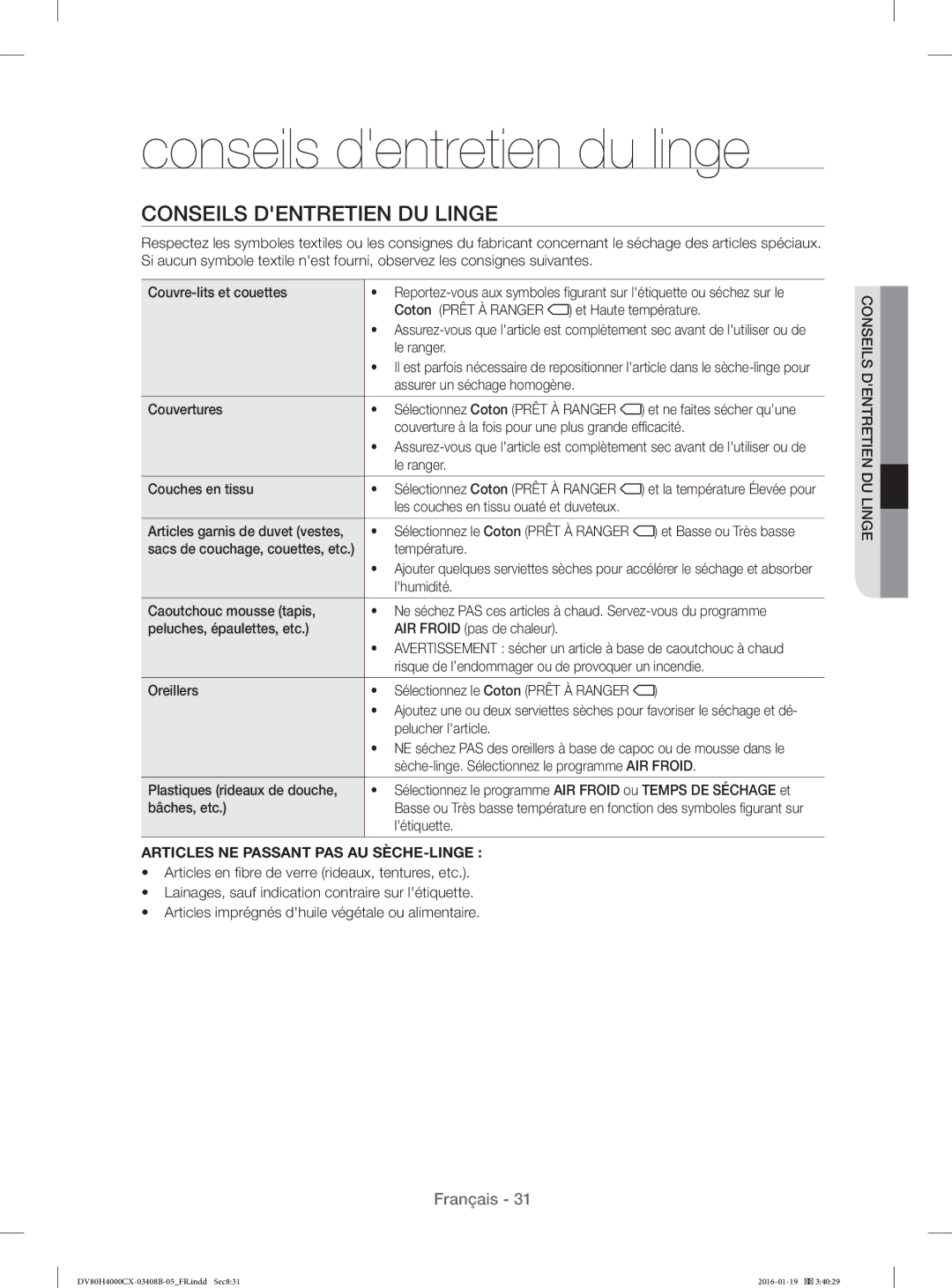 Samsung DV80H4100CW/EF, DV70H4400CW/EF manual Conseils dentretien du linge, Conseils Dentretien DU Linge, Oreillers 