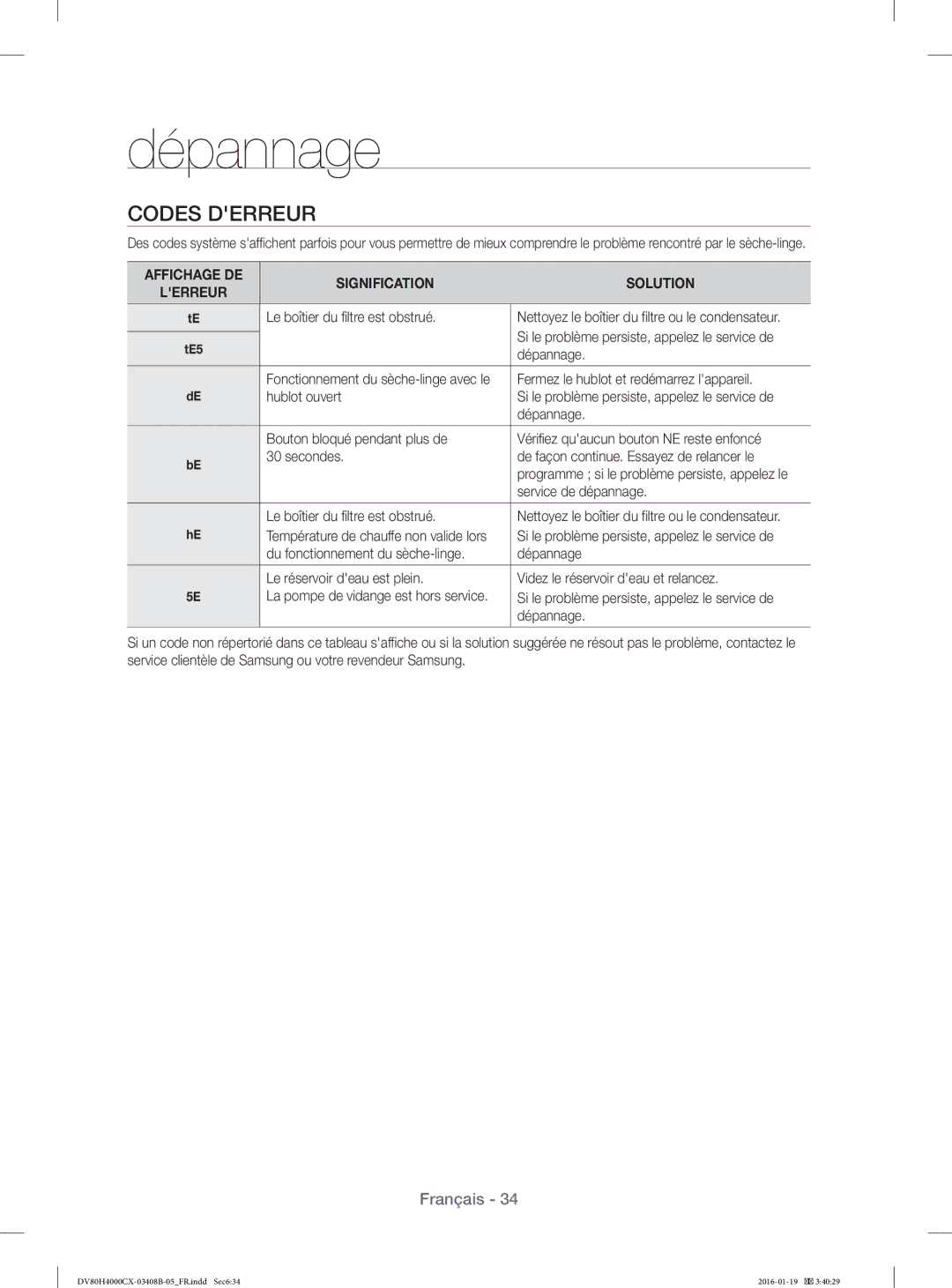 Samsung DV70H4300CW/EF, DV70H4400CW/EF, DV80H4200CW/EF, DV80H4100CW/EF manual Codes Derreur 