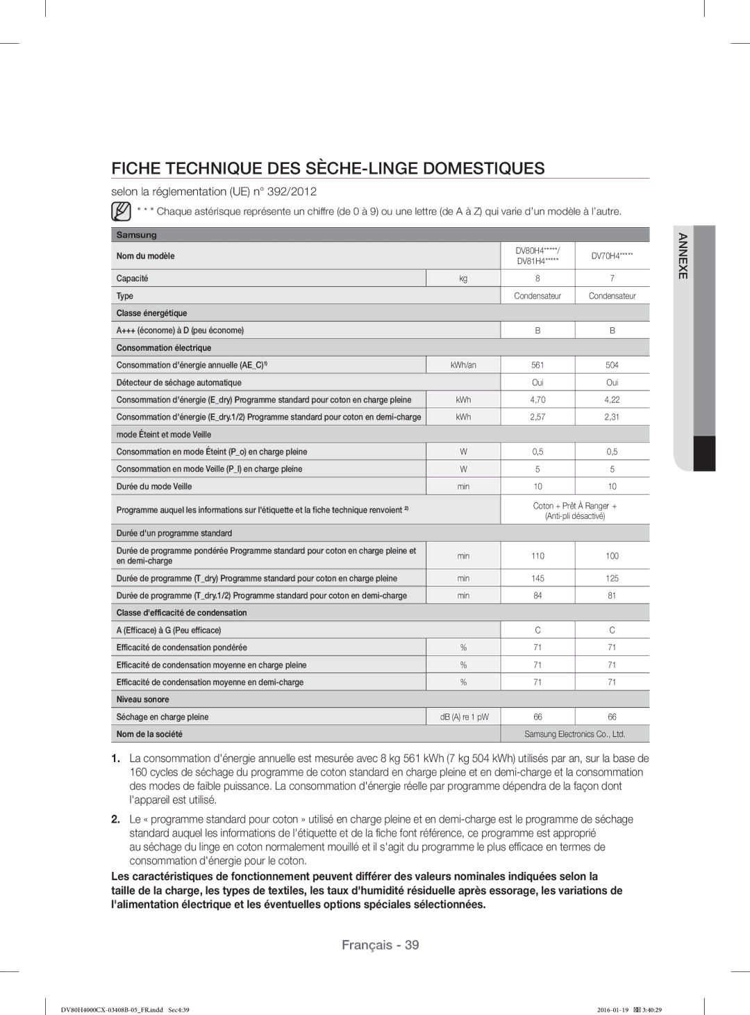 Samsung DV80H4100CW/EF, DV70H4400CW/EF Fiche Technique DES SÈCHE-LINGE Domestiques, Selon la réglementation UE n 392/2012 