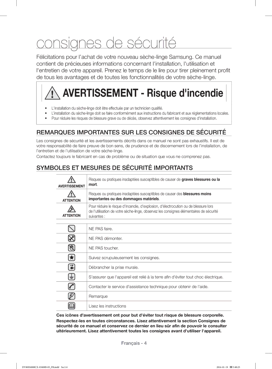 Samsung DV70H4400CW/EF, DV80H4200CW/EF Consignes de sécurité, Remarques Importantes SUR LES Consignes DE Sécurité, Mort 