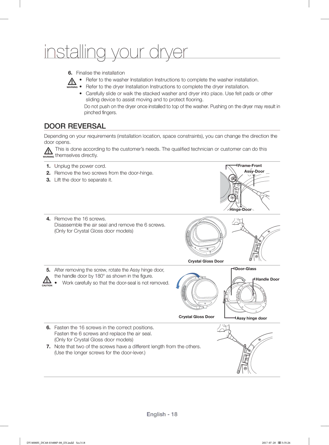 Samsung DV70H4400CW/YL, DV80H4300CW/YL manual Door Reversal, Finalise the installation 