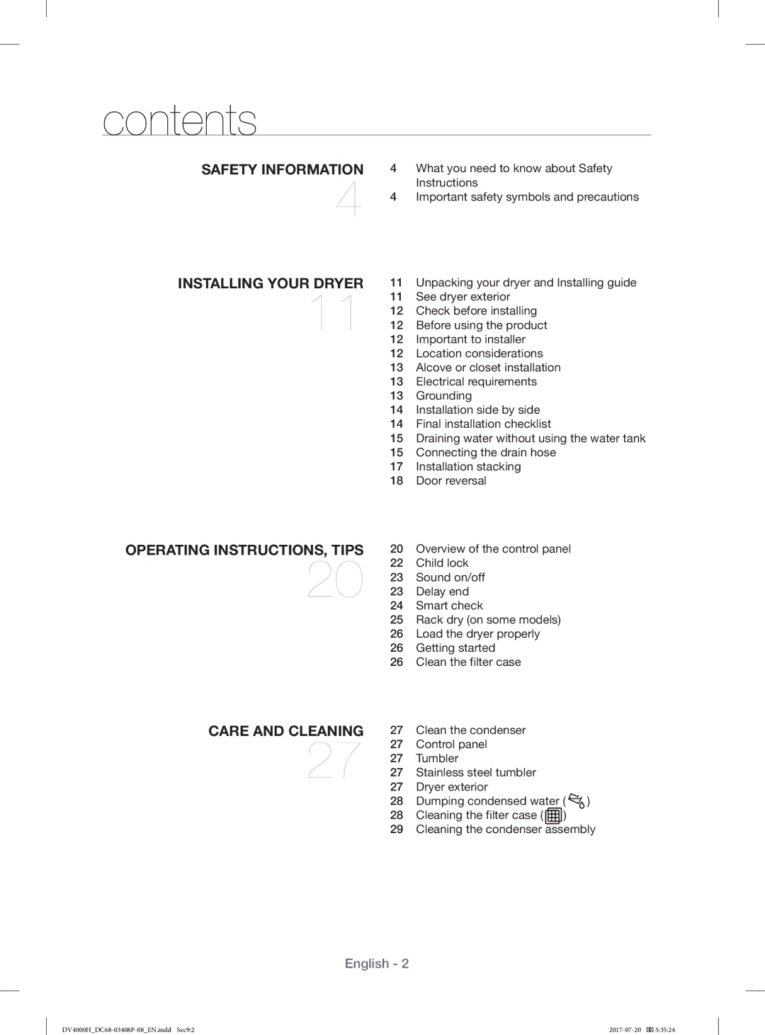 Samsung DV70H4400CW/YL, DV80H4300CW/YL manual Contents 