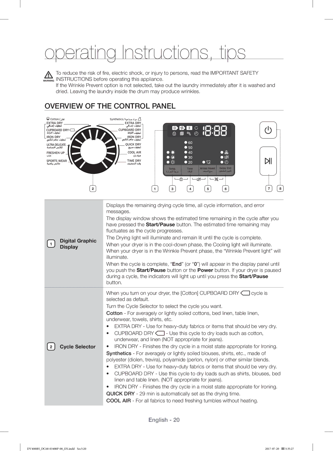 Samsung DV70H4400CW/YL manual Operating Instructions, tips, Overview of the Control Panel, Digital Graphic, Cycle Selector 