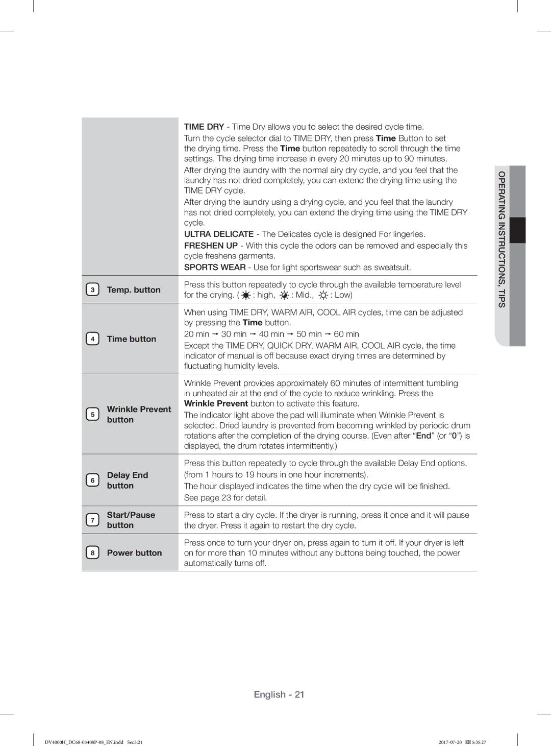 Samsung DV80H4300CW/YL, DV70H4400CW/YL manual Temp. button, Time button, Wrinkle Prevent, Button, Delay End, Start/Pause 