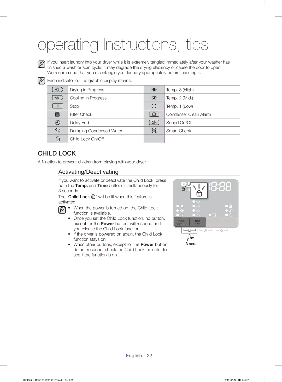 Samsung DV70H4400CW/YL, DV80H4300CW/YL manual Child Lock, Activating/Deactivating 