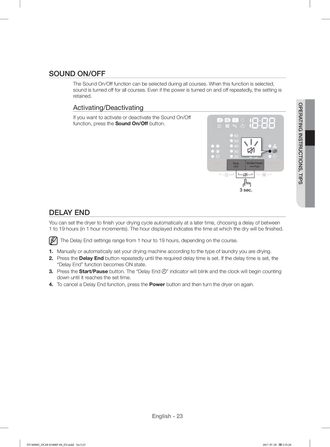 Samsung DV80H4300CW/YL, DV70H4400CW/YL manual Sound ON/OFF, Delay END 