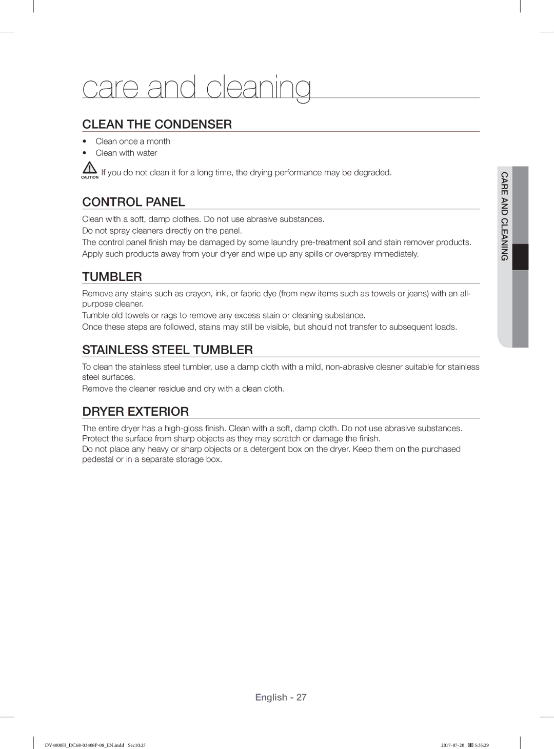 Samsung DV80H4300CW/YL, DV70H4400CW/YL manual Care and cleaning 